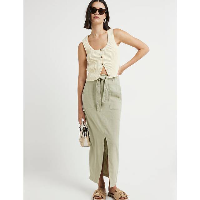 River Island Womens Khaki Linen Blend Belted Maxi Skirt - 14