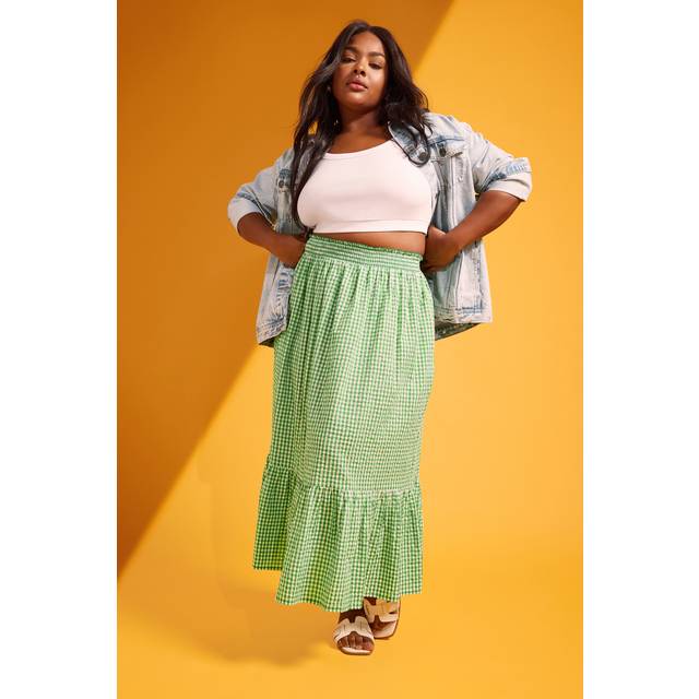 Yours Curve Green Gingham Tiered Pure Cotton Midi Skirt, Women's Curve & Plus Size, Yours - 16