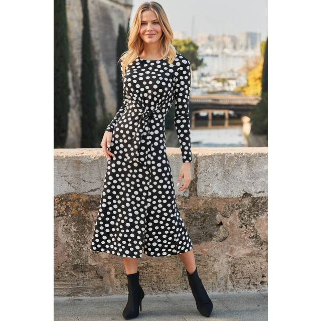 Sosandar Womens Black & White Spot Print Tie Waist Fit & Flare Dress - Size 10 UK