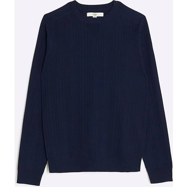 River Island – Marinblå t-shirt i muscle fit med långa ärmar