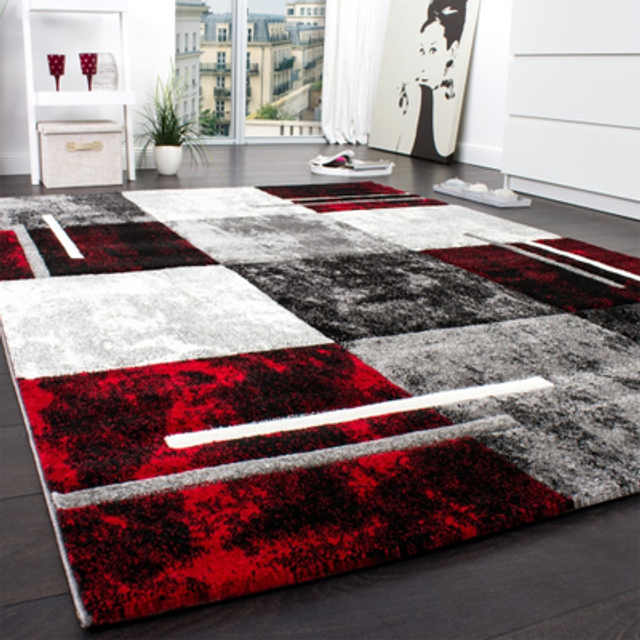 Designer carpet modern with contour cut chequered in silver black red