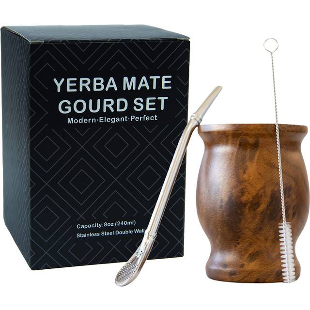 LA FEE Yerba Mate Natural gourdTea cup Set Brown (Original Traditional Mate cup - 8 Ounces)Includes Yerba Mate Straw & cleaning BrushStainless Steel