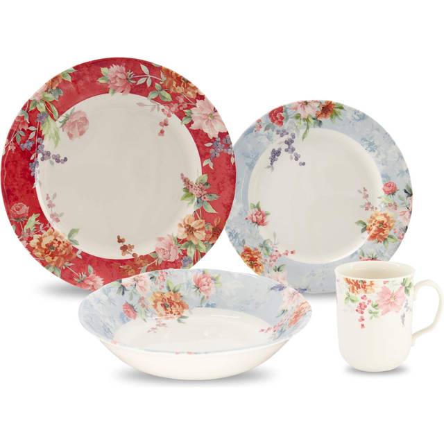 TUDOR ROYAL 16-Piece Round Porcelain Dinnerware Set Service for 4 CRIMSON Design Multicolor Floral Plates Bowls Mugs Dishes Premium Quality Ceramic Ta