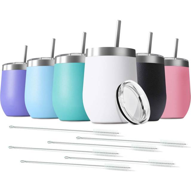 Deitybless 6 Pack 12 oz Stainless Steel Wine Tumbler with Lids  Double Wall Vacuum Insulated Travel Cup Including 6 Straws Set for Coffee  Cocktail  D