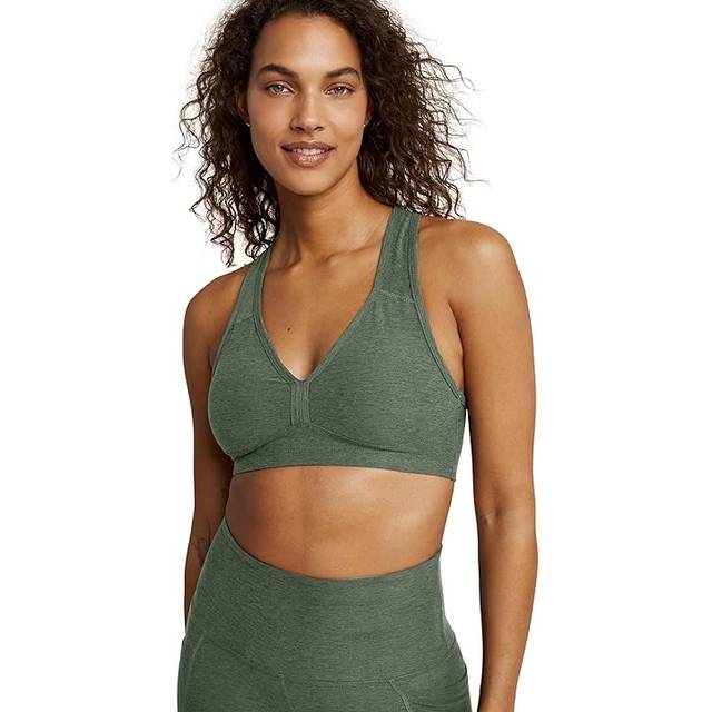 Beyond Yoga Womens Moss Green Heather Spacedye Lift Your Spirits V-neck Stretch-jersey Sport Bra Xl