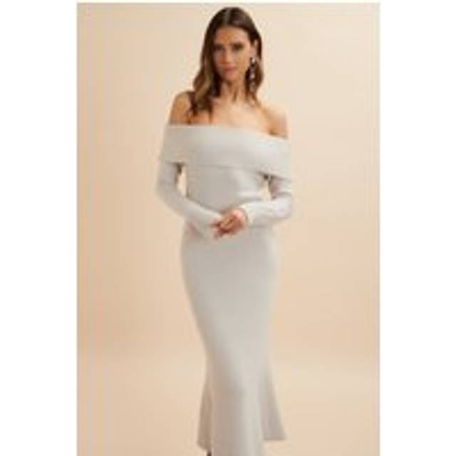 Lavish Alice CLOVER Knitted Wool Bardot Midi Dress In Stone XS UK4 - UK6 - printed