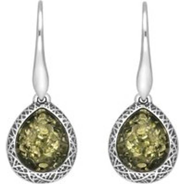 Sterling Silver Green Amber Basket Weave Edge Pear Hook Earrings