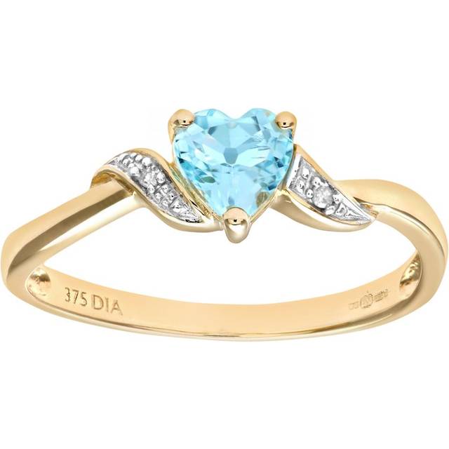 Diamant L'Eternel Womens 9ct Yellow Gold Blue Topaz And Diamond Heart Ring - Size L
