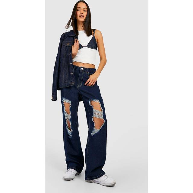 Womens Basics Mid Rise Ripped Boyfriend Jeans - Blue - 6, Blue