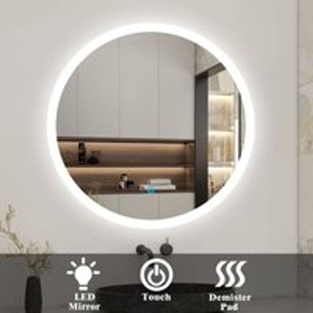 Acezanble - Round led Bathroom Mirror with Light 60cm, Illuminated Wall Mounted Backlit Vanity Mirror with Demister, Anti-fog Large Circle Makeup