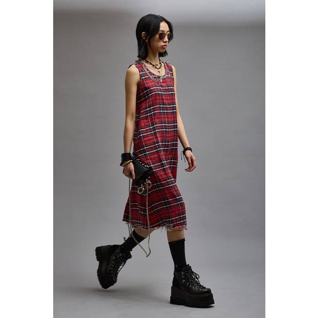 R13 - Embellished Distressed Checked Brushed-linen Midi Dress - Red - x small