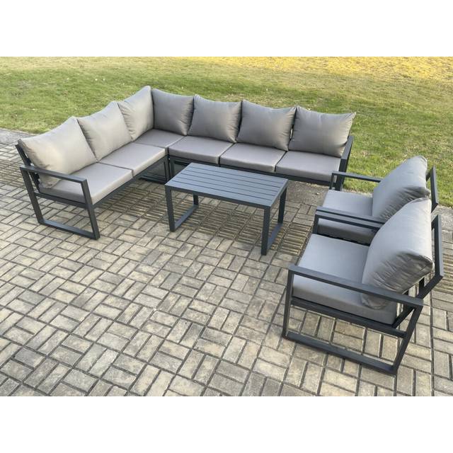 Fimous Aluminium Garden Furniture Set Outdoor Indoor Lounge Corner Sofa 2 Pcs Chair Oblong Coffee Table Sets Dark Grey 8 Seater