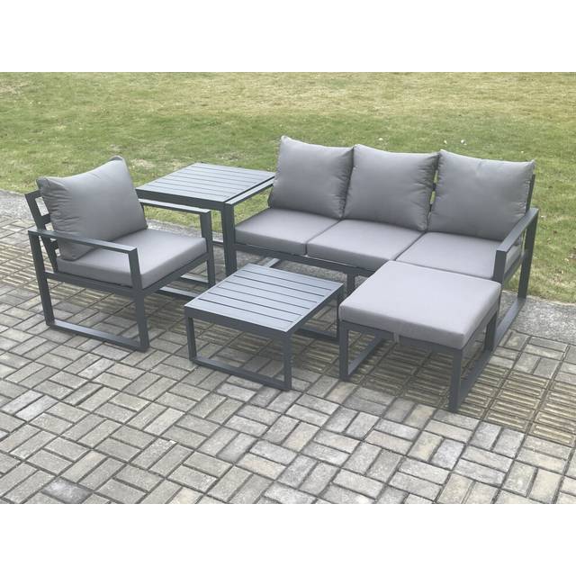 Aluminium Outdoor Garden Furniture Set Lounge Sofa Chairs Square Coffee Table Sets with Side Table Big Footstool Conservatory Set - Dark Grey - One Size