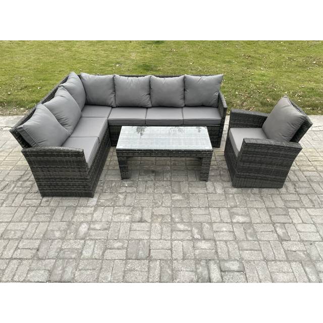 7 Seater Outdoor Rattan Garden Furniture Set Corner Sofa Oblong Coffee Table Sets with Patio Armchair Dark Grey Mixed - One Size