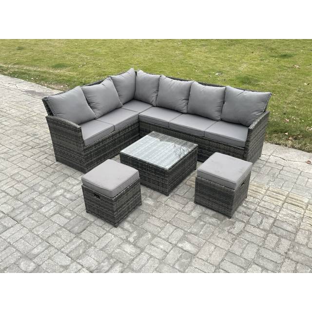 Fimous 8 Seater Wicker Rattan Corner Sofa Sets Outdoor Garden Furniture Sets with Rectangular Dining Table Lounge Sofa 2 Small Footstools Light Grey