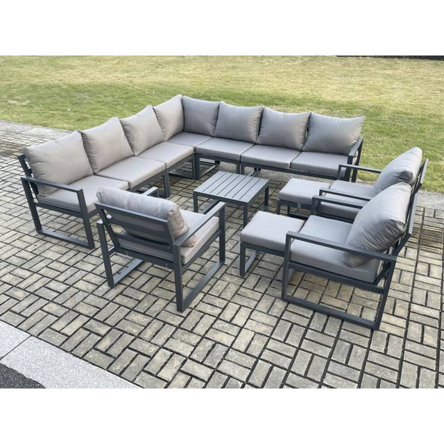 Fimous Aluminium Outdoor Garden Furniture Set Lounge Corner Sofa 3 Pcs Chair Square Coffee Table Sets with 2 Small Footstools Dark Grey