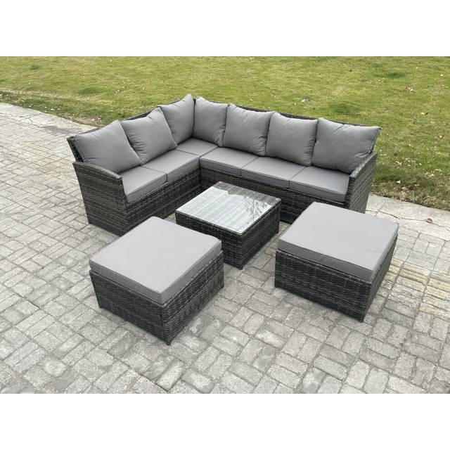 Fimous 8 Seater Outdoor Garden Furniture Set Wicker PE Rattan Corner Sofa Set with Square Coffee Table 2 Big Footstool Dark Grey Mixed