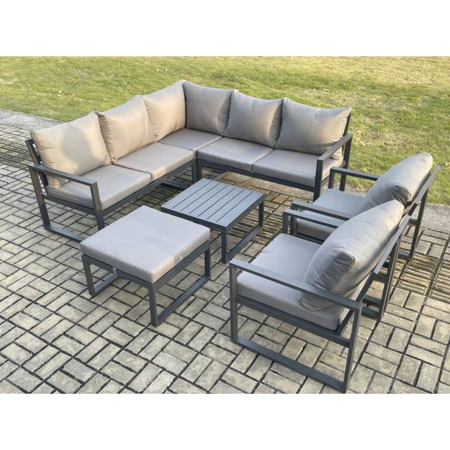 Fimous Outdoor Garden Furniture Set Aluminium Lounge Sofa Square Coffee Table Sets with 2 Pcs Chair Big Footstool Indoor Conservatory Set Dark Grey