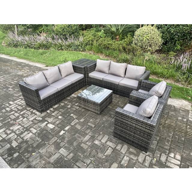 8 Seater Rattan Garden Furniture Set Patio Outdoor Lounge Sofa Set with 2 Armchairs Side Table Square Coffee Table Dark Grey Mixed - Fimous