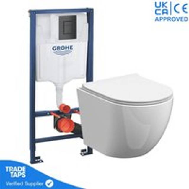 Gravahaus - Rimless Wall Hung Toilet Pan with grohe 1.13m Concealed Cistern Frame - Phantom Black Dual Flush Plate