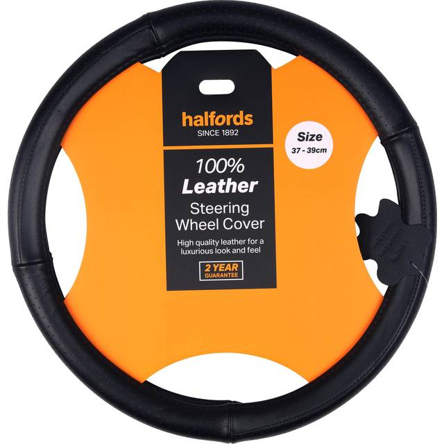 Halfords Black 100% Leather Steering Wheel Cover