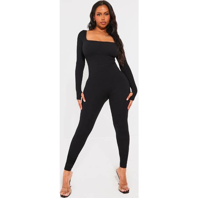 Shape Black Contour Rib Square Neck Thumb Hole Jumpsuit, Black - L