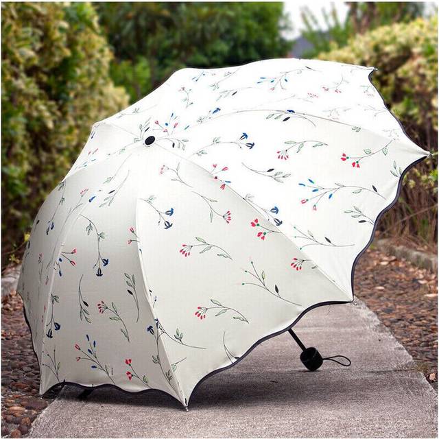 Women 3 Folding Flower Umbrella Anti-UV Sun Rain Protection Parasol Windproof