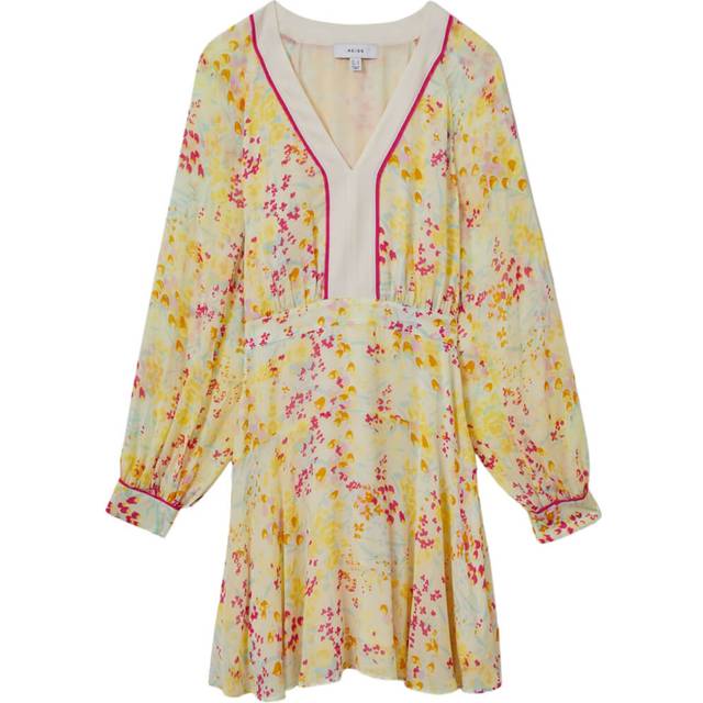 Reiss Womens Pink/yellow Molly Buttercup-print V-neck Woven Mini Dress 10 - PINK/YELLOW