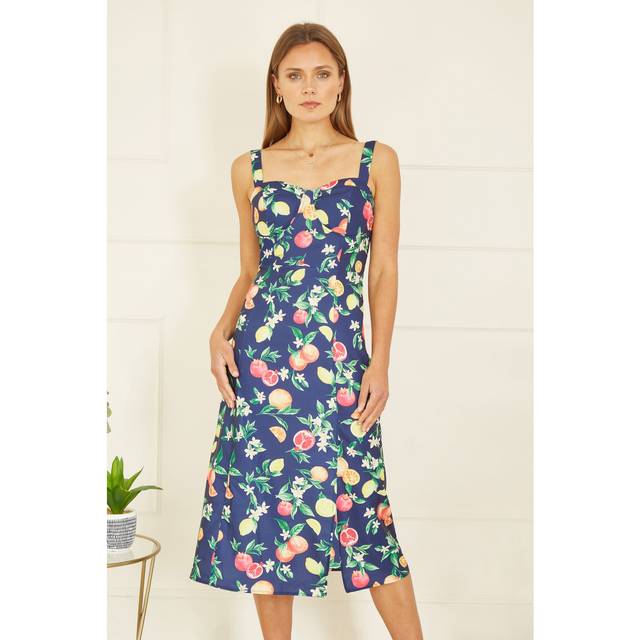Yumi Navy Fruit Print Strappy Sundress With Front Split - Size 10 UK - Yumi