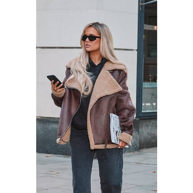 Brown Borg Lined Oversized Buckle Collar Aviator Jacket, Brown - 4