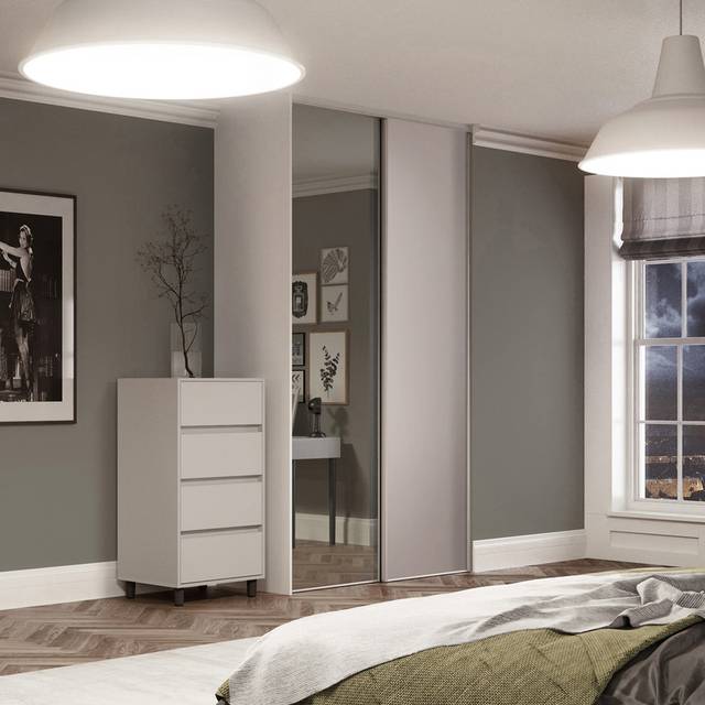 Spacepro Classic Cashmere Single Panel 1 Mirror Sliding Wardrobe Door (h) 2220Mm X (w) 914Mm, Set Of 2, Cream