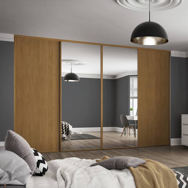 Spacepro Classic Oak Single Panel 2 Mirror Sliding Wardrobe Door (h) 2220Mm X (w) 762Mm, Set Of 4, Brown