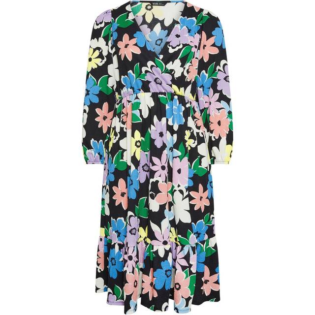 Yours Curve Black Floral Print Long Sleeve Textured Wrap Dress, Women's Curve & Plus Size, Yours - 38-40