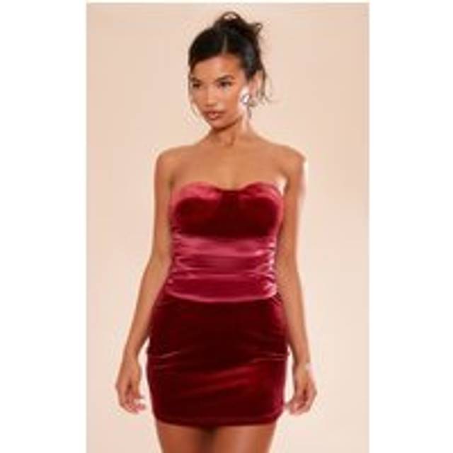 Cherry Red Velvet Satin Detail Bandeau Shift Dress, Cherry Red - 14