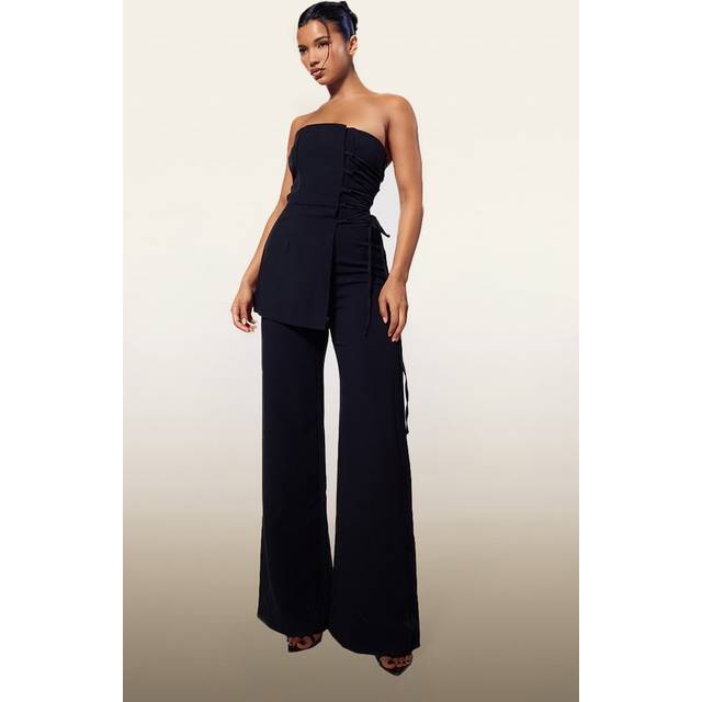 PLT Label Black Overlay Panel Lace Up Tailored Jumpsuit, Black - 4