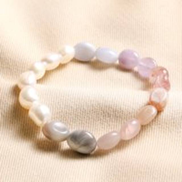Chunky Semi-Precious Stone and Pearl Beaded Bracelet - pink/purple/white - one size