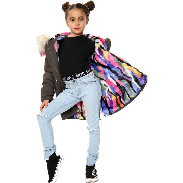 (13 Years, JK24 Olive) Girls Hooded Jacket Rainbow Faux Fur Parka Coat