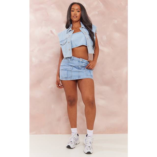 Shape Light Blue Wash Denim Low Rise Micro Mini Skirt, Light Blue Wash - 8