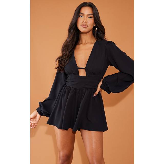 Black Textured Plunge Long Sleeve Tie Back Playsuit, Black - 6