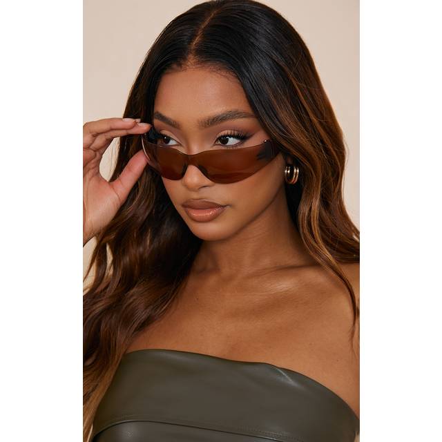 Brown Lens Frameless Sporty Visor Sunglasses, Brown - One Size