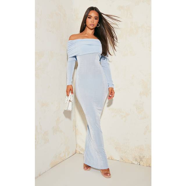 Light Blue Acetate Slinky Bardot Long Sleeve Maxi Dress, Light Blue - 12