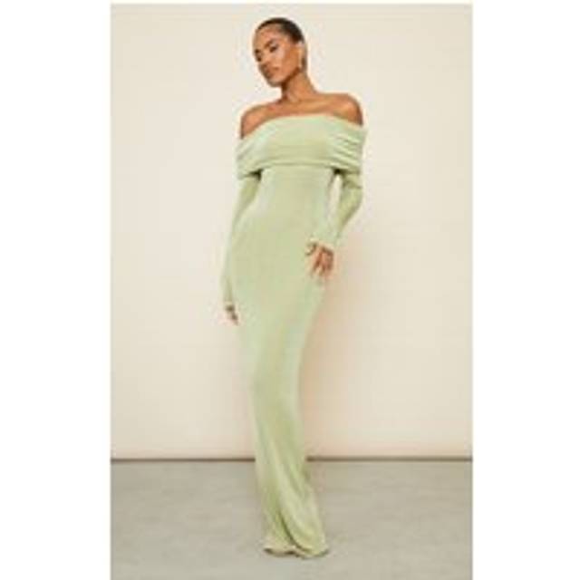 Sage Green Acetate Slinky Bardot Long Sleeve Maxi Dress, Sage Green - 8
