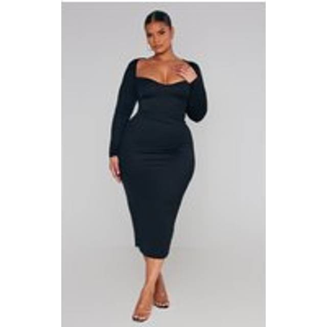 Plus Black Sweetheart Neck Long Sleeve Midi Dress, Black - 20