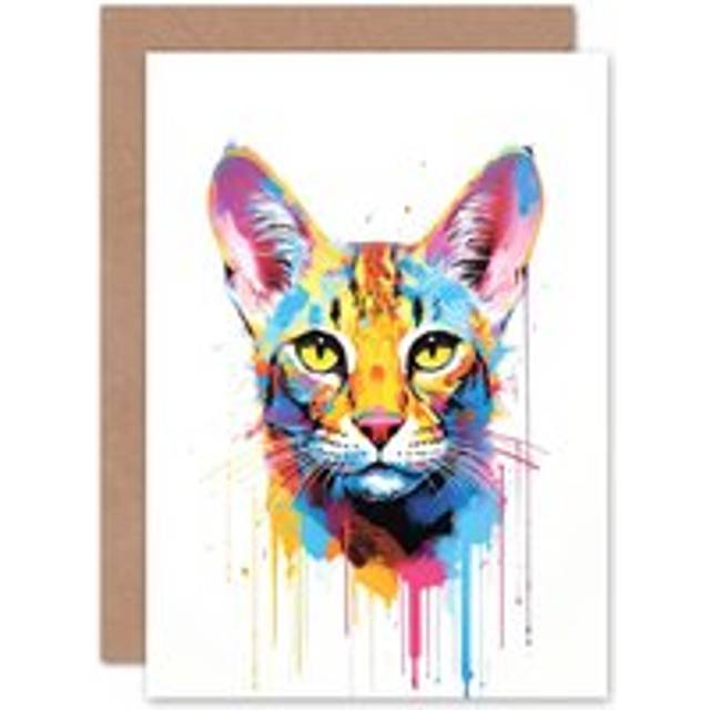 Savannah Cat Lover Gift Pet Portrait Orange Blue Pink Blank Greeting Card