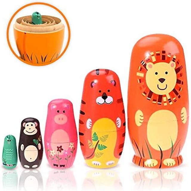 Russian Nesting Doll Animal 5 Piece Set, Cute Wooden Stacking Toys, Hand Painted Patterns, Perfect Decorations, Great Gift for Children and Friends