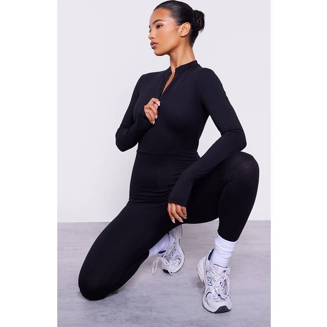 Black Cotton Zip Front Catsuit, Black - 12