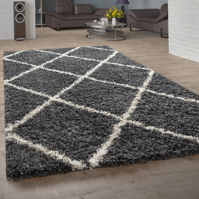Deep-pile rug, shaggy for living room, scandi design and diamonds in dark grey