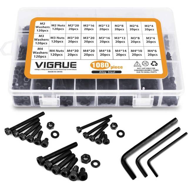 1080PCS M2 M3 M4 Carbon Steel Hex Head Button Socket Head Cable Bolts Screws with Nuts Assortment (Black)