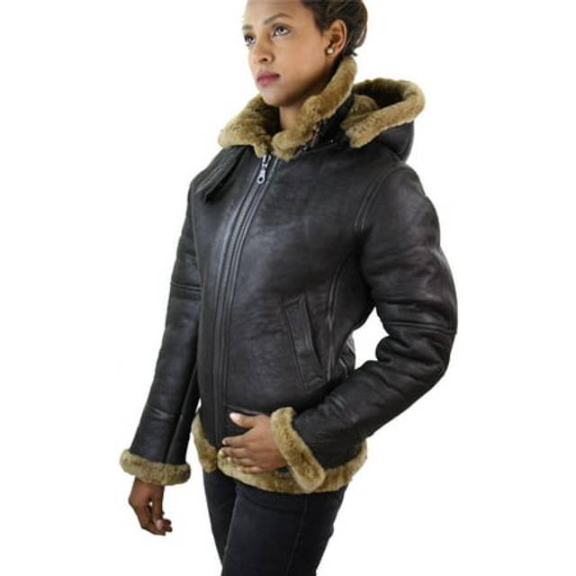 Aviator Hooded Shearling Sheepskin Jacket - Brown - L