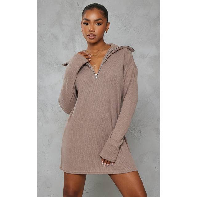 Mocha Rib High Neck Half Zip Oversized Jumper Dress, Brown - 12